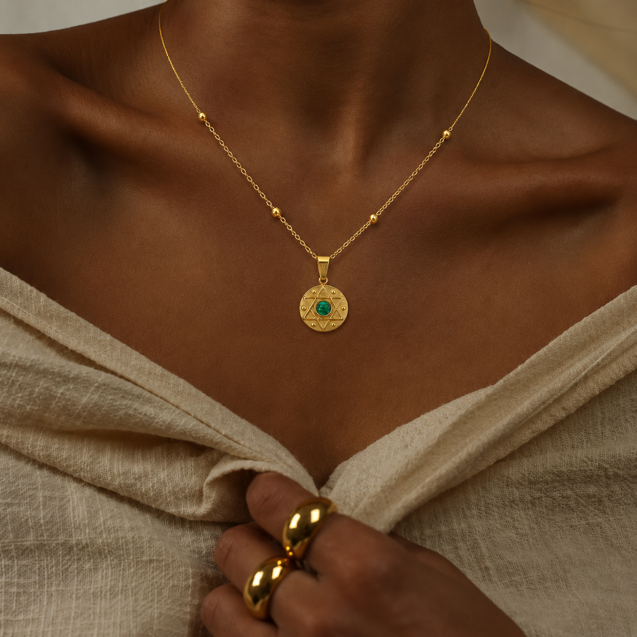 Star & Malachite Medallion Necklace | 18K Gold-Plated Beaded Chain