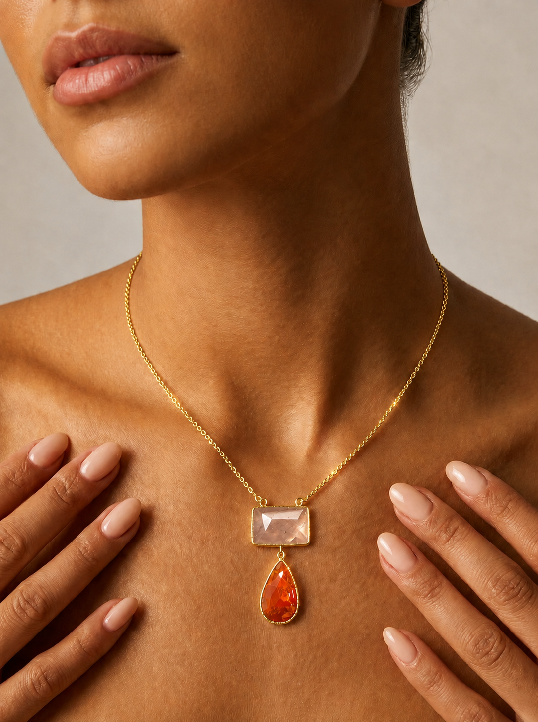 Artisan Rectangular & Teardrop Stone Pendant Necklace | Gold-Finished Statement Jewelry | 18k Gold Plated