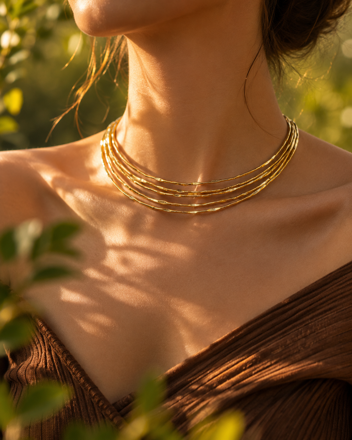 Multi-Layered Textured Brass Choker Necklace | Artisan Statement Jewelry | 18k Gold Plated