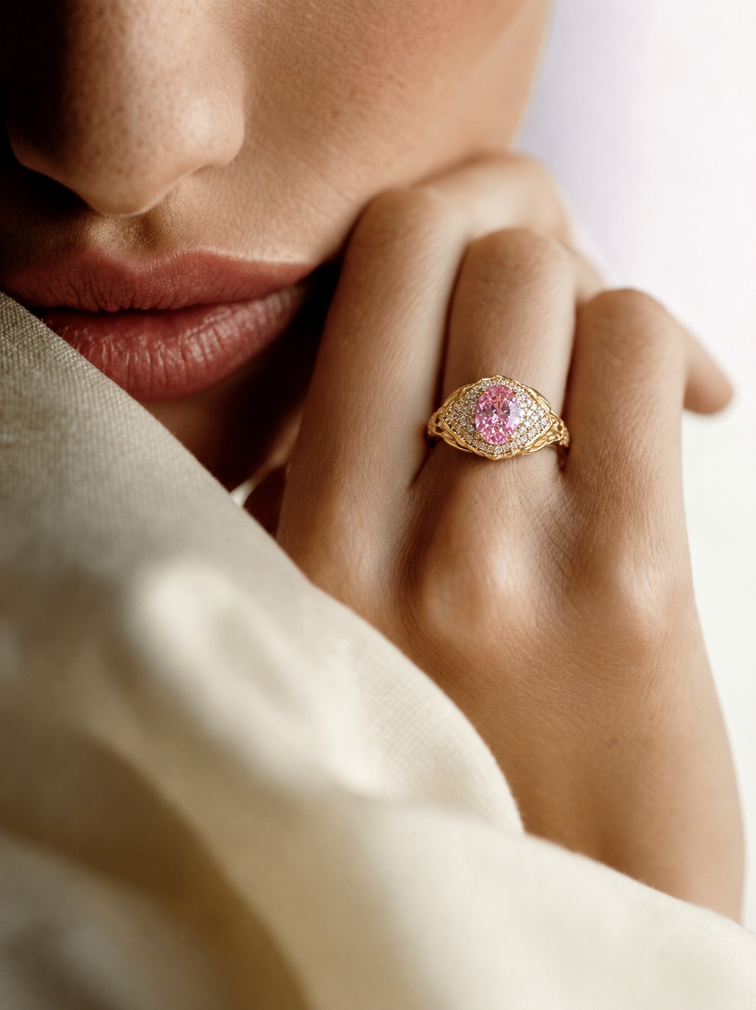 Oval Pink Gemstone Filigree Ring | Vintage-Inspired Elegance