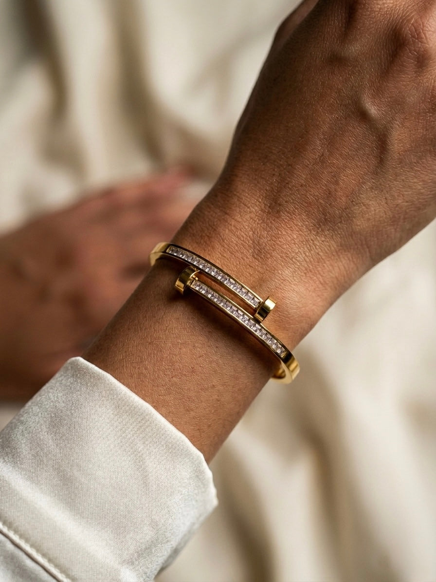 Signature Nail-Clasp Crystal Bangle – Anti-Tarnish Gold-Plated