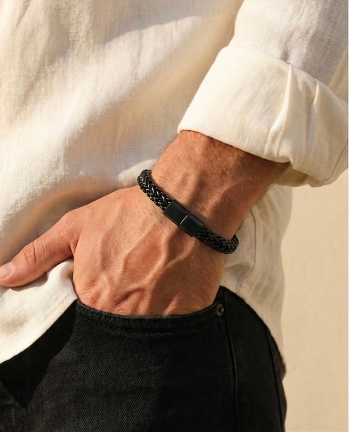 Men's Matte Black Braided Chain Bracelet | Industrial Minimalist Essential