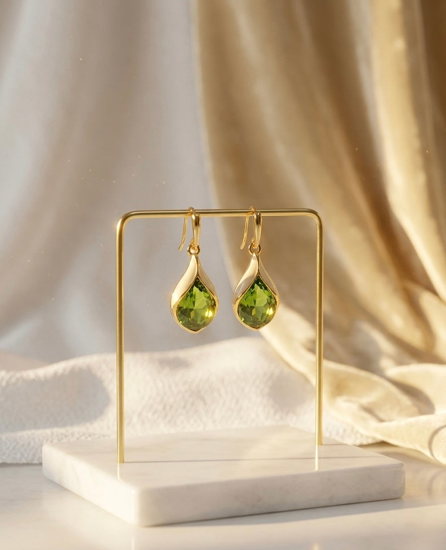 Teardrop Green Gemstone |18k Gold Plated Earrings