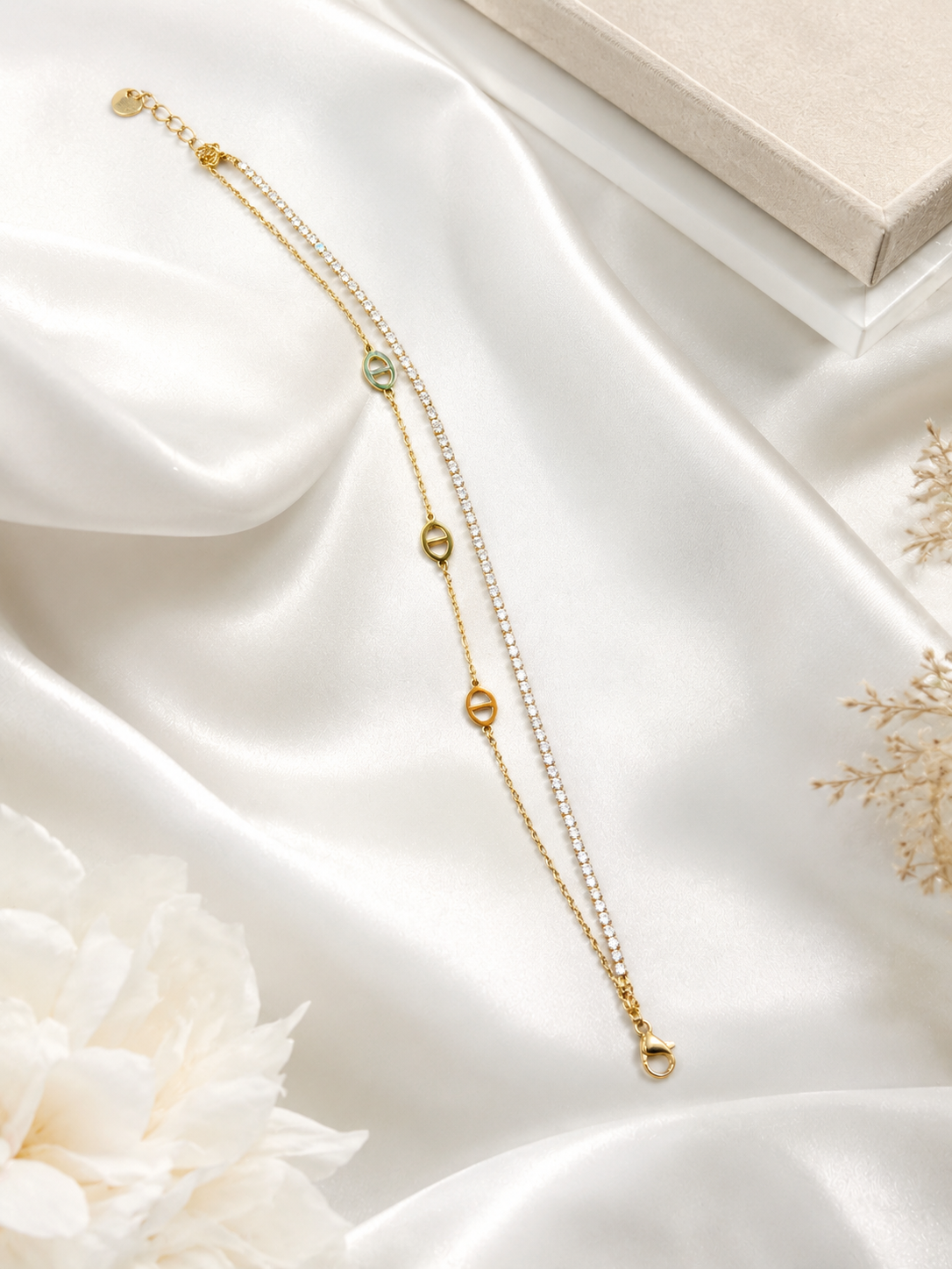 Dual-Layer Crystal & Motif Charm Bracelet – Anti-Tarnish Gold-Plated Layered Jewelry