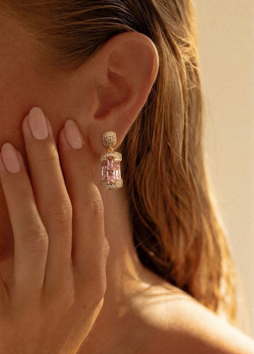 Golden Lantern Pink Gemstone Drop Earrings | 18k Gold Plated
