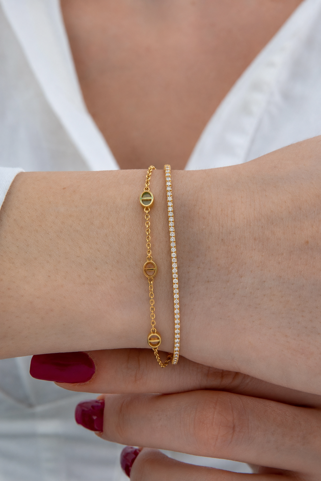 Dual-Layer Crystal & Motif Charm Bracelet – Anti-Tarnish Gold-Plated Layered Jewelry