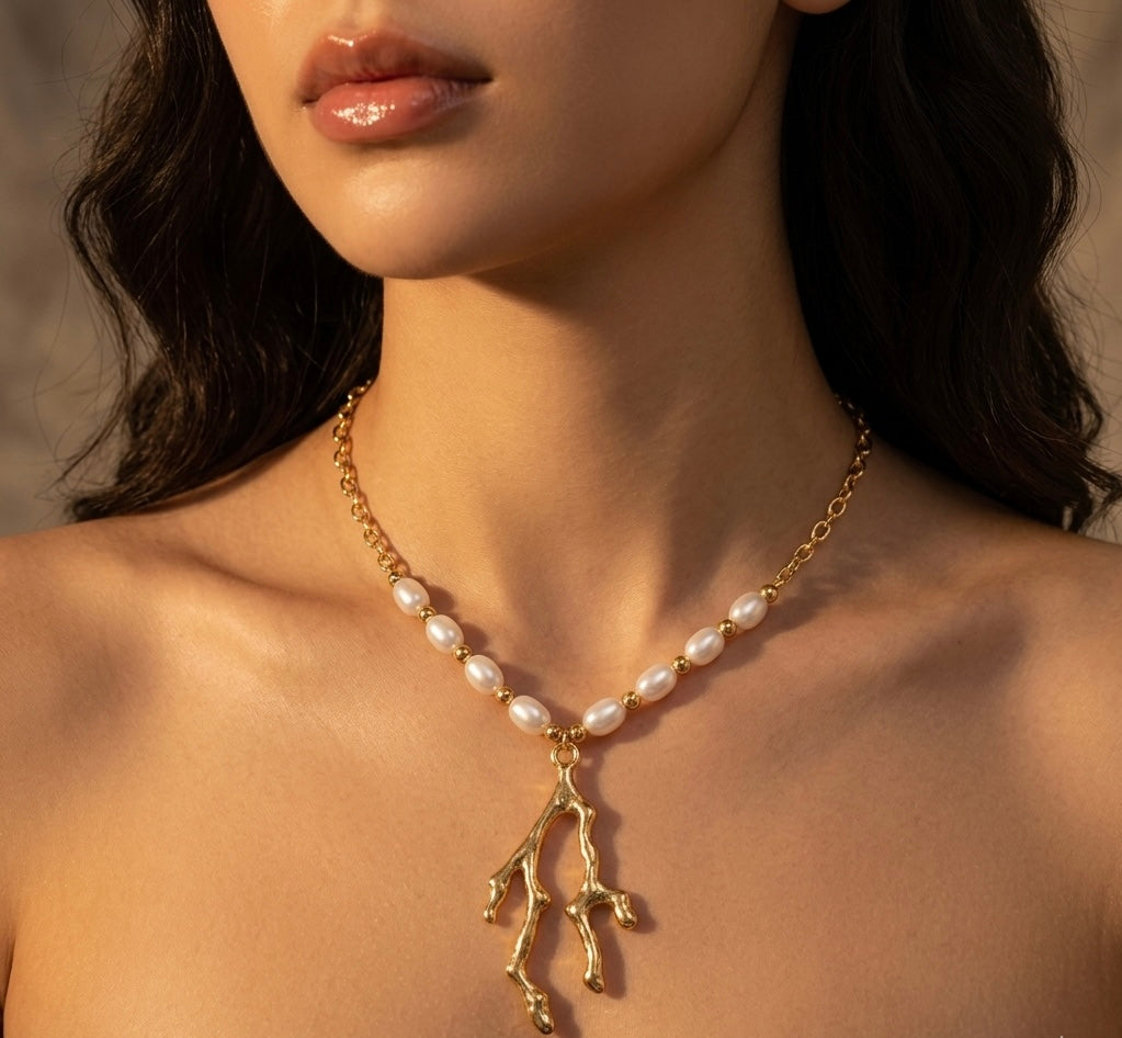 Coastal Pearl Coral Pendant Necklace | Nautical Elegance ✨