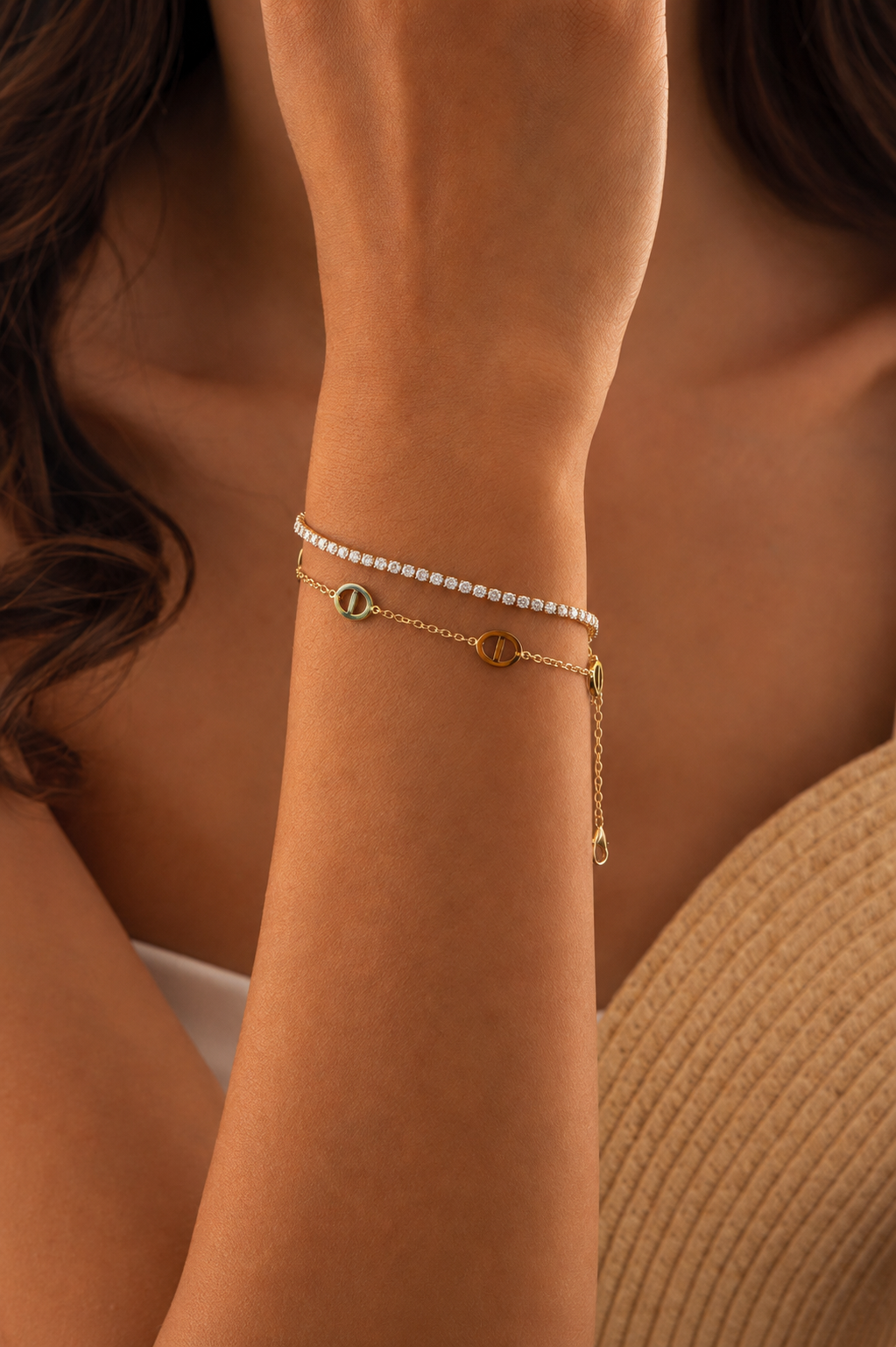 Dual-Layer Crystal & Motif Charm Bracelet – Anti-Tarnish Gold-Plated Layered Jewelry