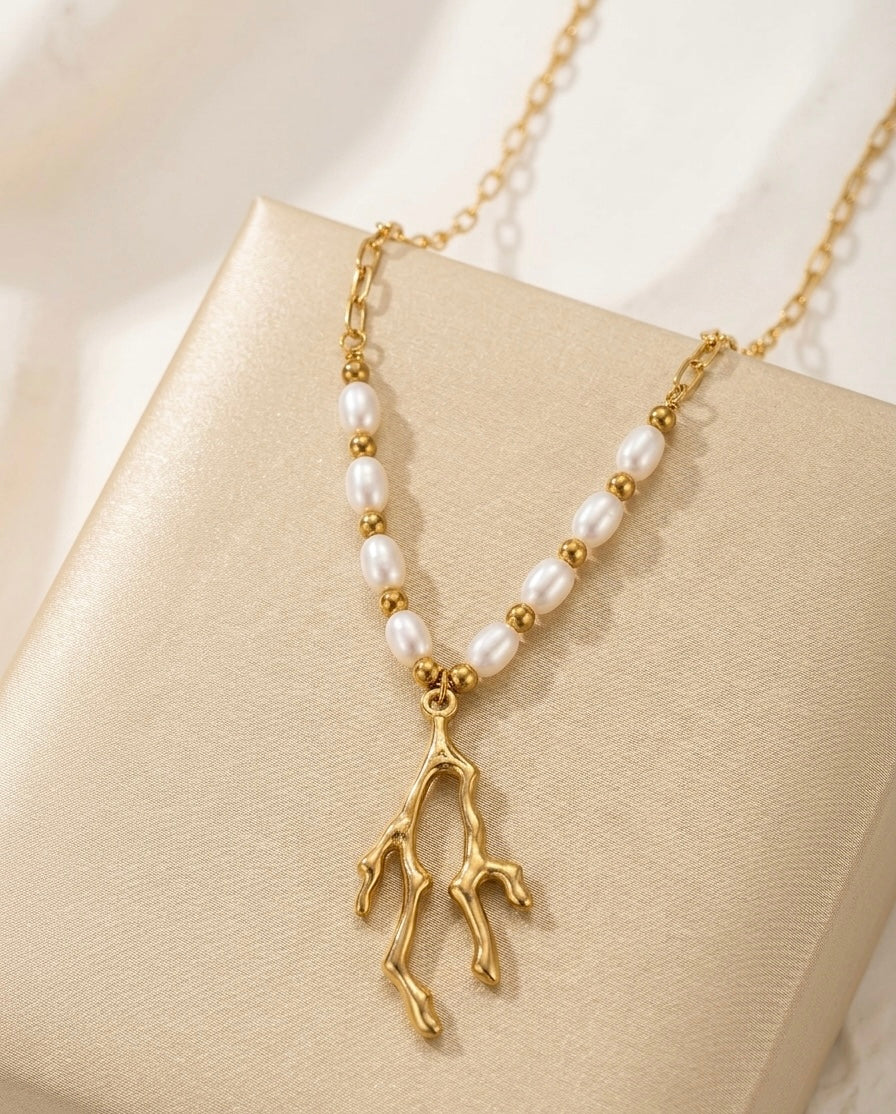 Coastal Pearl Coral Pendant Necklace | Nautical Elegance ✨