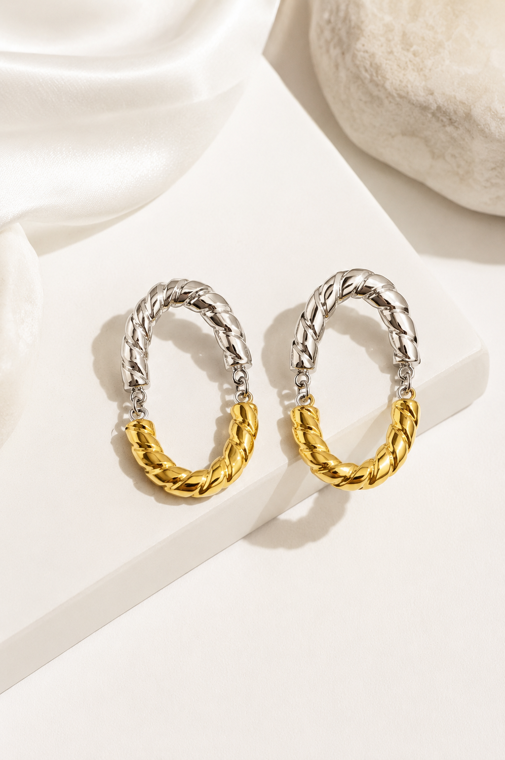 Two-Tone Twisted Oval Hoop Earrings | Mixed Metal Gold & Silver Plated