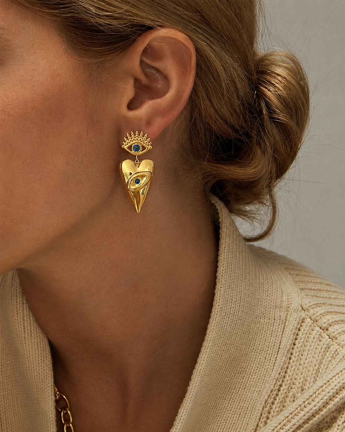 Mystic Heart & Eye Statement Earrings | 18K Gold-Plated Symbolic Jewelry