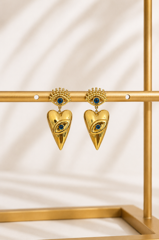 Mystic Heart & Eye Statement Earrings | 18K Gold-Plated Symbolic Jewelry