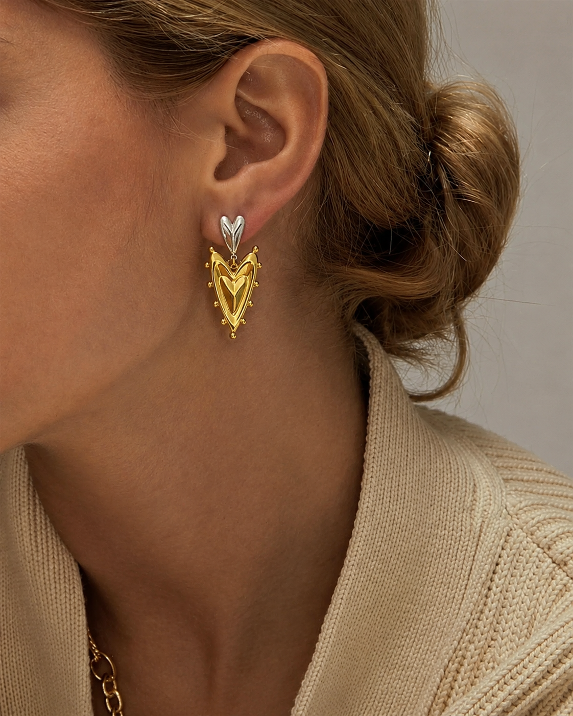 Two-Tone Sculptural Heart Drop Earrings | Mixed Metal Gold & Silver Plated Statement Jewelry