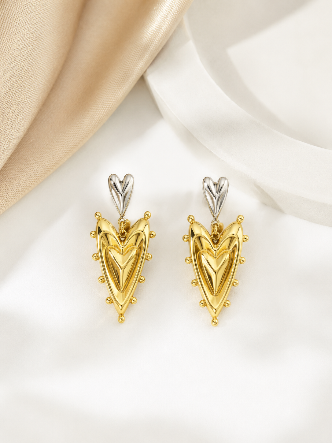 Two-Tone Sculptural Heart Drop Earrings | Mixed Metal Gold & Silver Plated Statement Jewelry