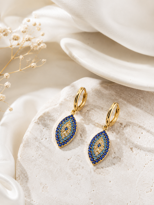 Pavé Evil Eye Drop Hoop Earrings | 18K Gold-Plated Symbolic Jewelry
