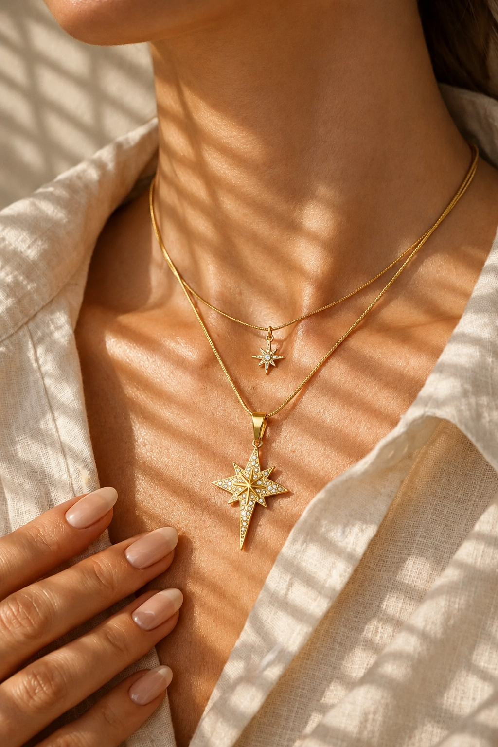 Celestial Star Layered Necklace Set | 18K Gold-Plated Starburst Pendant Jewelry