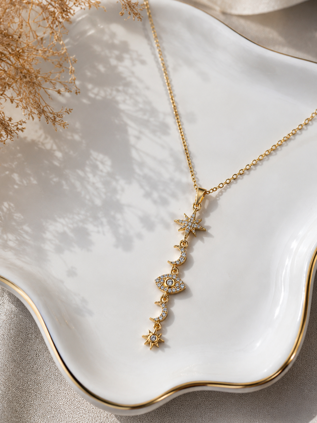 Celestial Harmony Drop Necklace | Evil Eye, Moon & Star Pavé Pendant