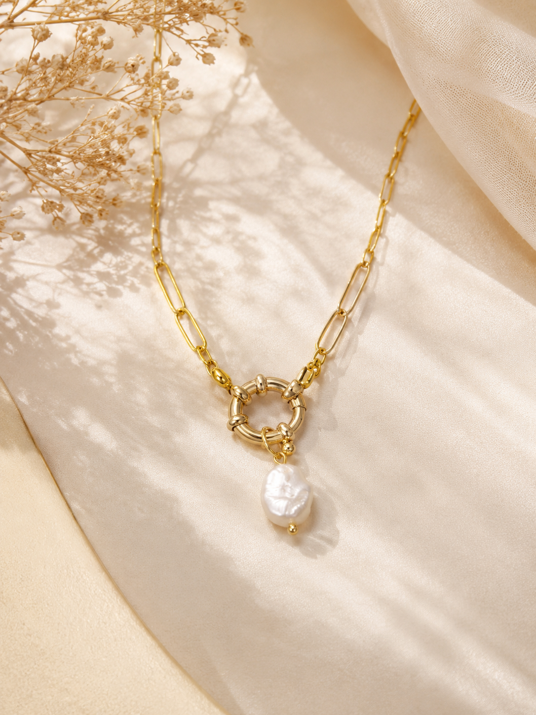 Baroque Pearl Toggle Necklace | 18K Gold-Plated Paperclip Chain
