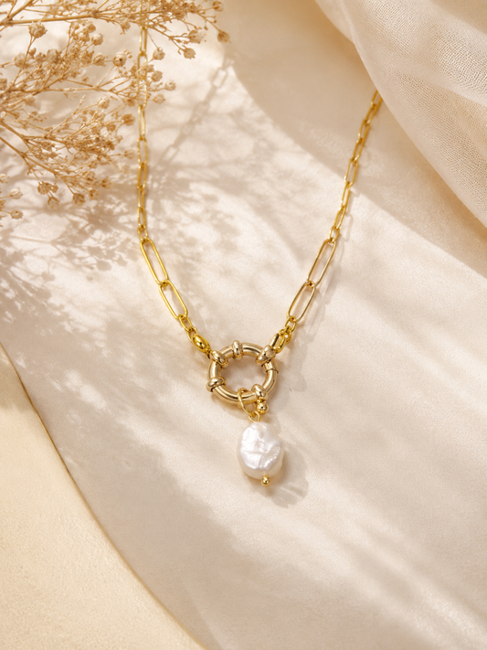 Baroque Pearl Toggle Necklace | 18K Gold-Plated Paperclip Chain