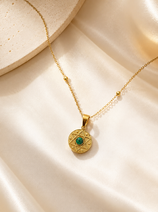 Star & Malachite Medallion Necklace | 18K Gold-Plated Beaded Chain