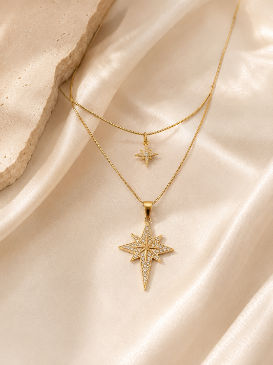 Celestial Star Layered Necklace Set | 18K Gold-Plated Starburst Pendant Jewelry