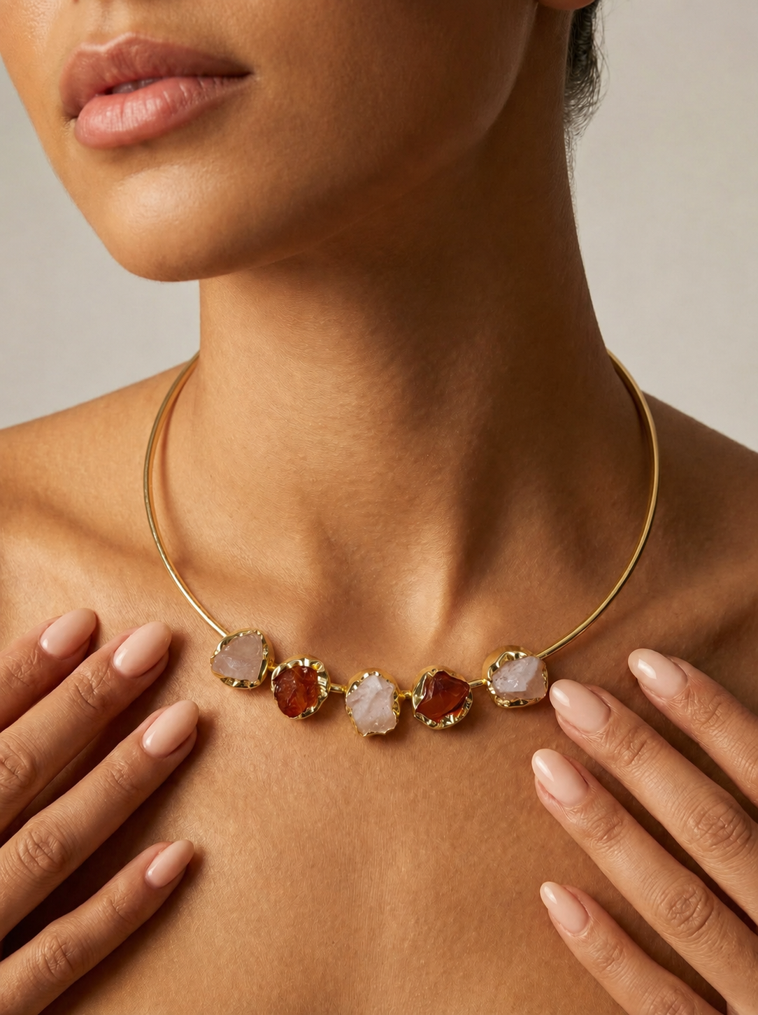 Raw Gemstone Brass Collar Necklace | Artisan Statement Jewelry | 18k Gold Plated