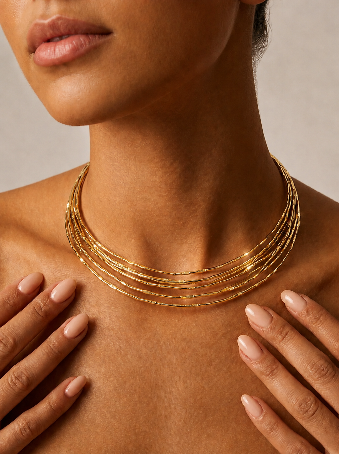 Multi-Layered Textured Brass Choker Necklace | Artisan Statement Jewelry | 18k Gold Plated