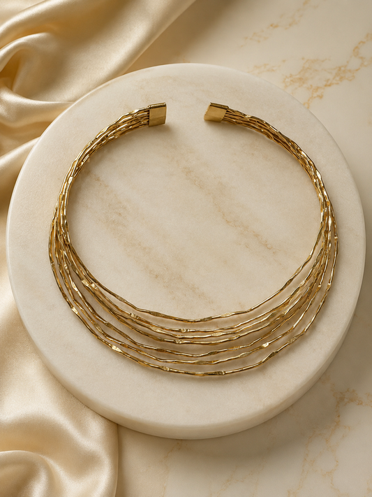 Multi-Layered Textured Brass Choker Necklace | Artisan Statement Jewelry | 18k Gold Plated