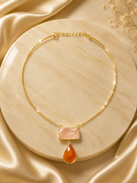 Artisan Rectangular & Teardrop Stone Pendant Necklace | Gold-Finished Statement Jewelry | 18k Gold Plated