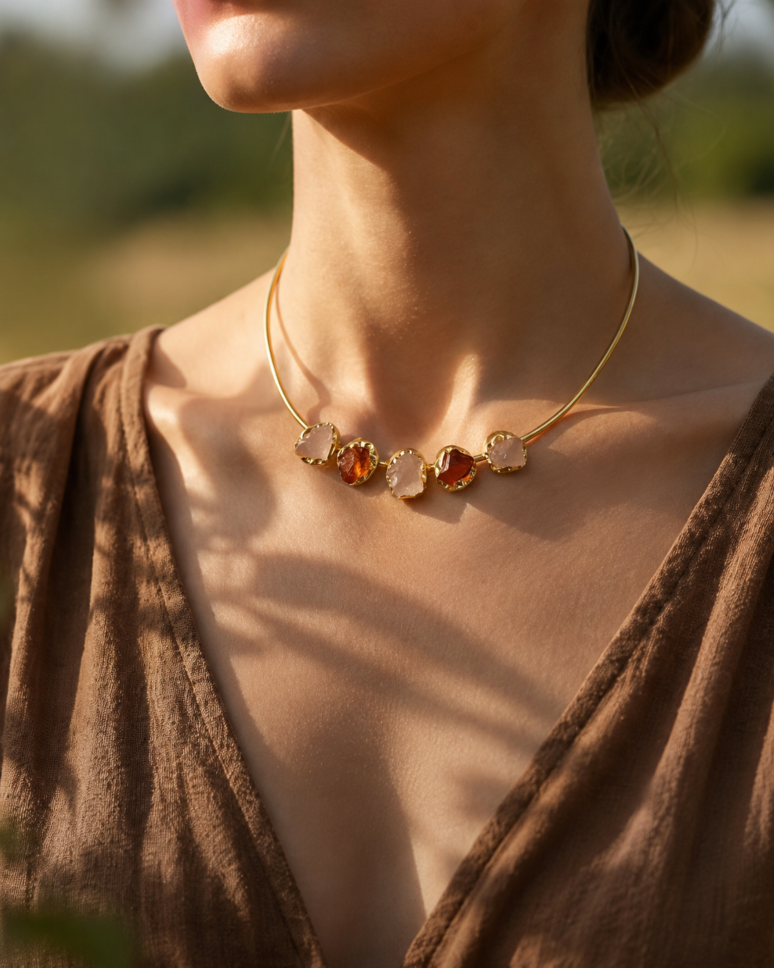 Raw Gemstone Brass Collar Necklace | Artisan Statement Jewelry | 18k Gold Plated
