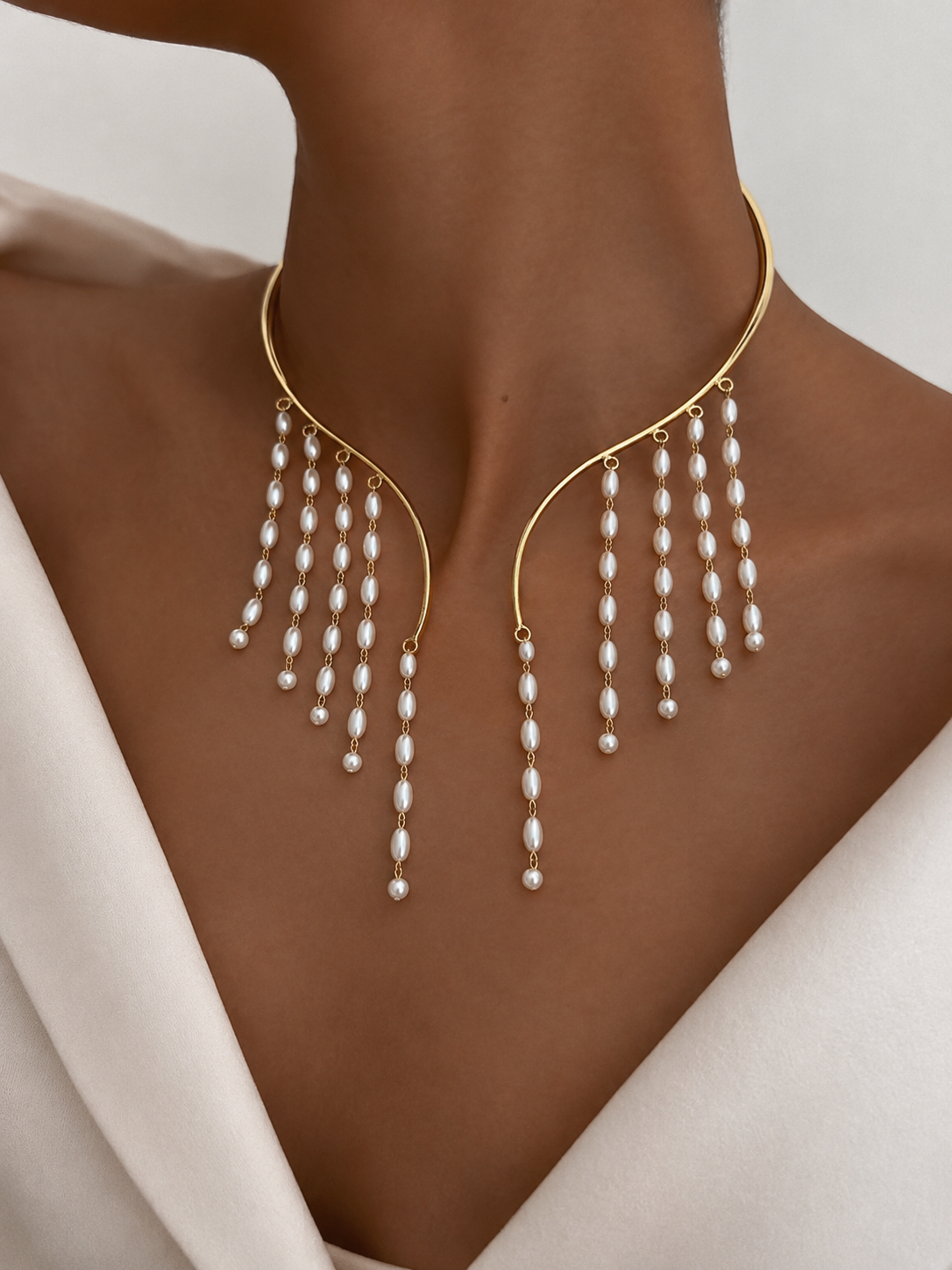 Artisan Brass & Pearl Cascade Choker | Statement Waterfall Necklace | 18k Gold Plated