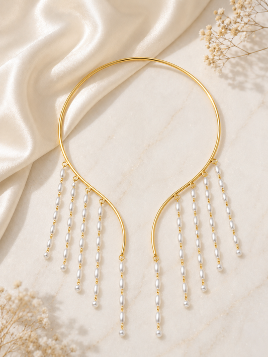 Artisan Brass & Pearl Cascade Choker | Statement Waterfall Necklace | 18k Gold Plated
