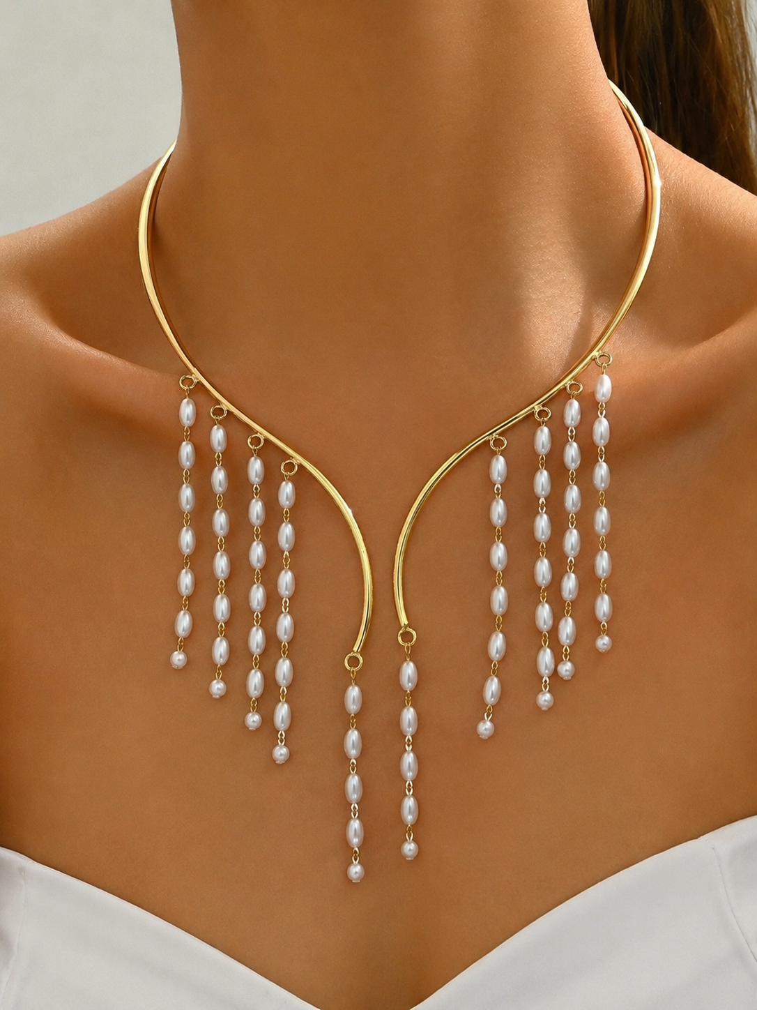 Artisan Brass & Pearl Cascade Choker | Statement Waterfall Necklace | 18k Gold Plated
