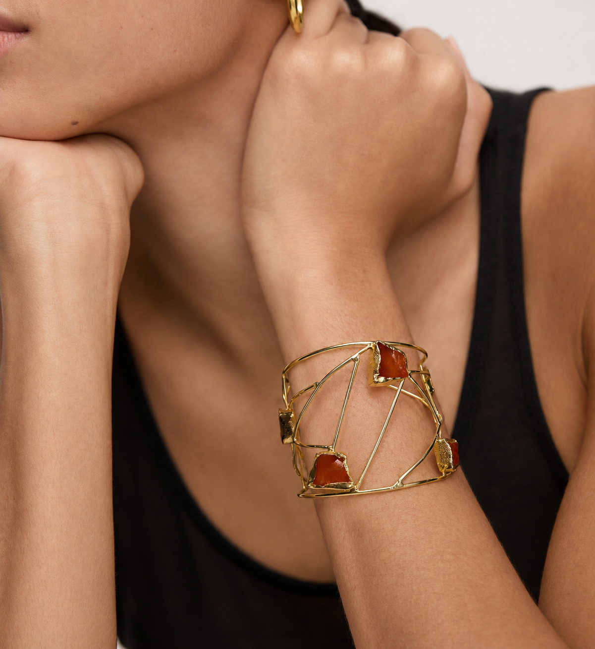 Geometric Raw Gemstone Brass Cuff Bracelet | Artisan Statement Jewelry| 18k Gold Plated