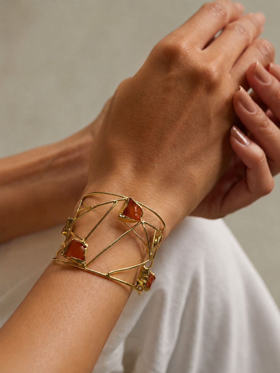 Geometric Raw Gemstone Brass Cuff Bracelet | Artisan Statement Jewelry| 18k Gold Plated