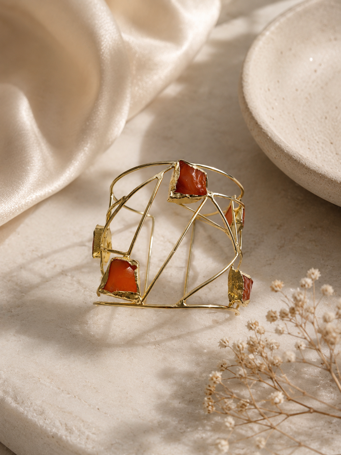 Geometric Raw Gemstone Brass Cuff Bracelet | Artisan Statement Jewelry| 18k Gold Plated