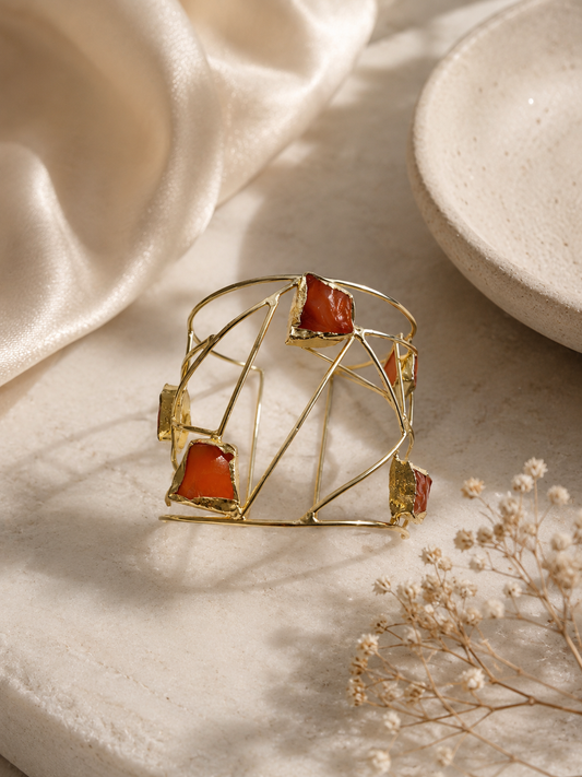 Geometric Raw Gemstone Brass Cuff Bracelet | Artisan Statement Jewelry| 18k Gold Plated