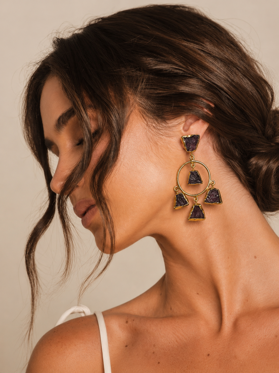 Raw Amethyst Hoop Statement Earrings | Artisan Brass & Stone Jewelry | 18k Gold Plated