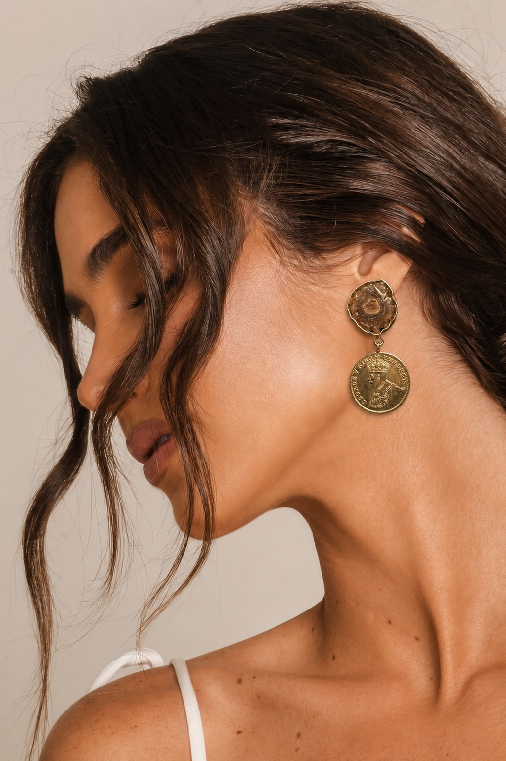 Vintage Coin & Agate Slice Statement Earrings | Artisan Brass Gold-Tone Coin Jewelry | 18k Gold Plated