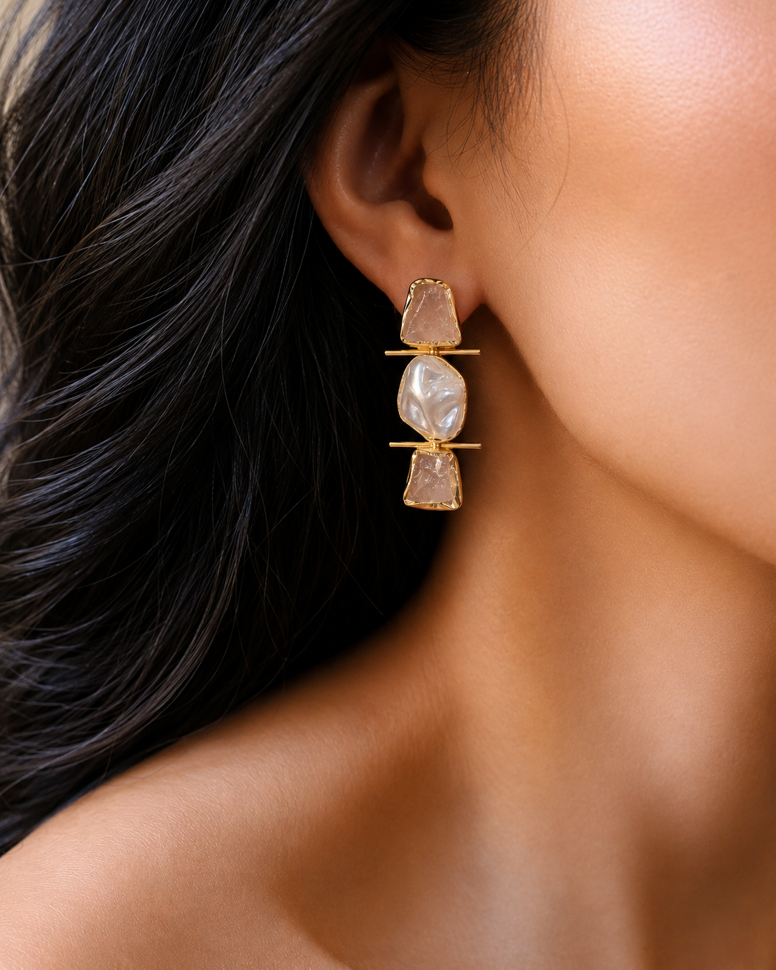 Artisan Raw Stone & Pearl Brass Drop Earrings | Statement Sculptural Jewelry | 18k Gold Plated
