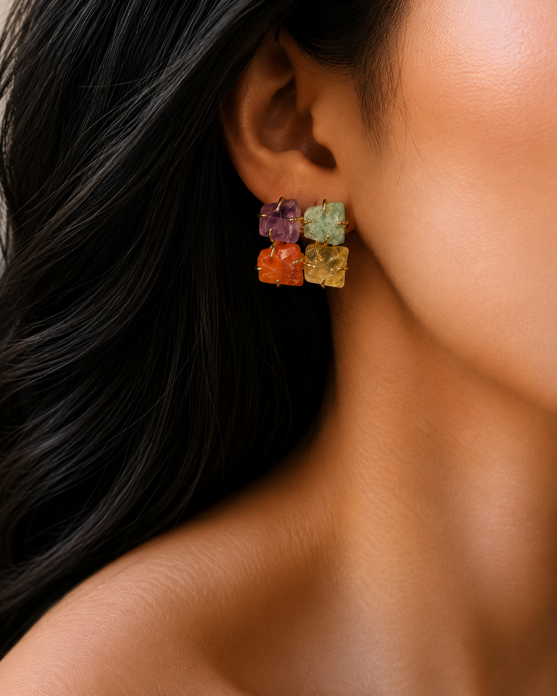 Multi-Gemstone Raw Cluster Earrings | Artisan Brass & Colorful Stone Jewelry