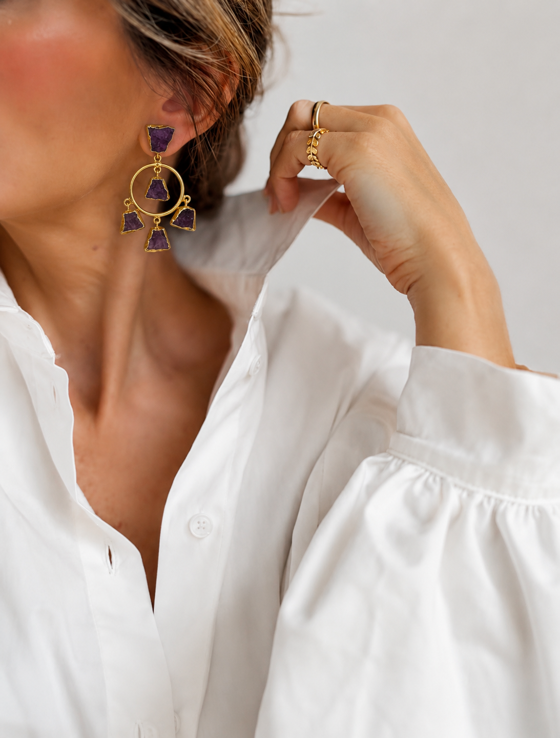 Raw Amethyst Hoop Statement Earrings | Artisan Brass & Stone Jewelry | 18k Gold Plated