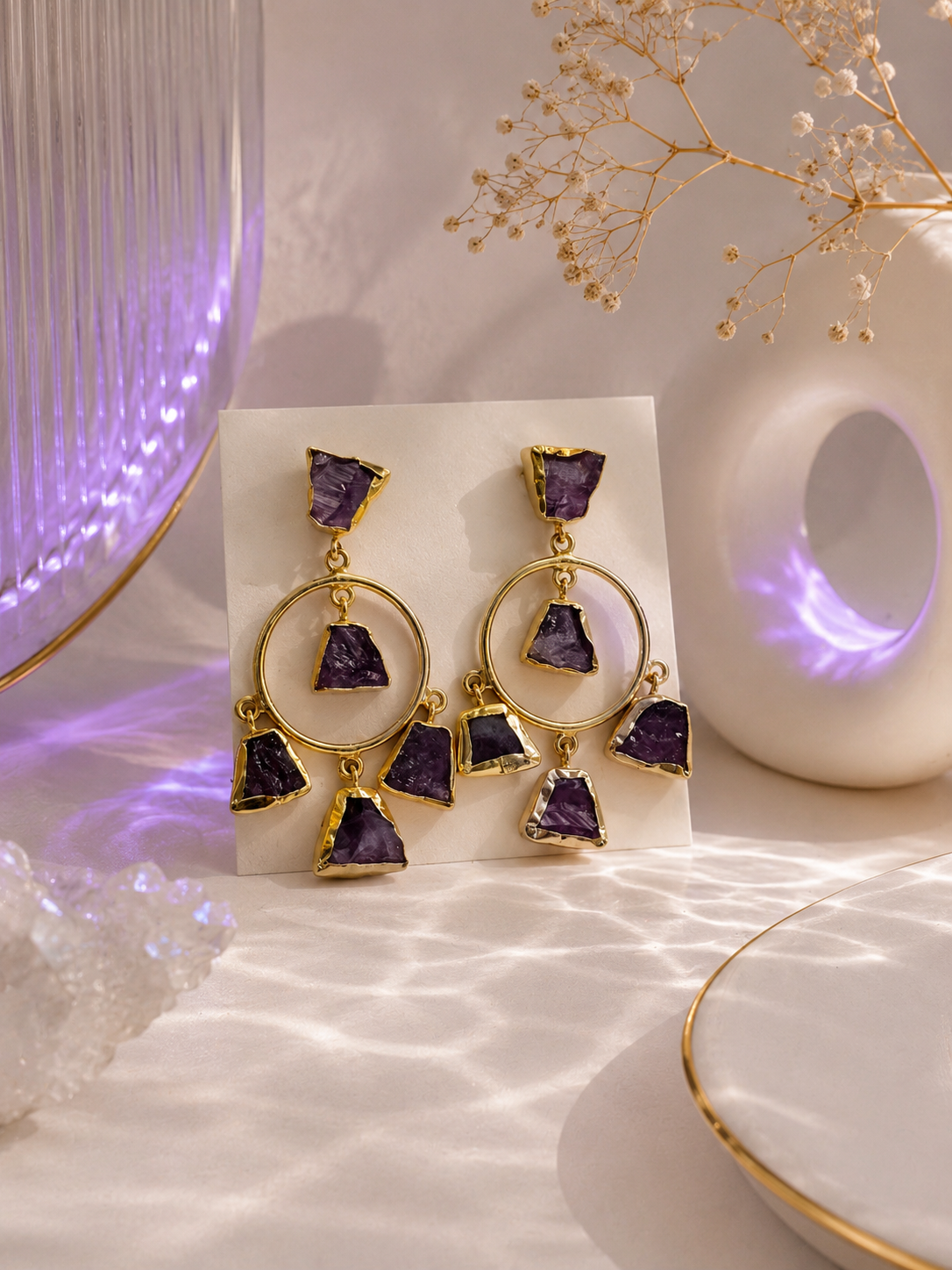 Raw Amethyst Hoop Statement Earrings | Artisan Brass & Stone Jewelry | 18k Gold Plated