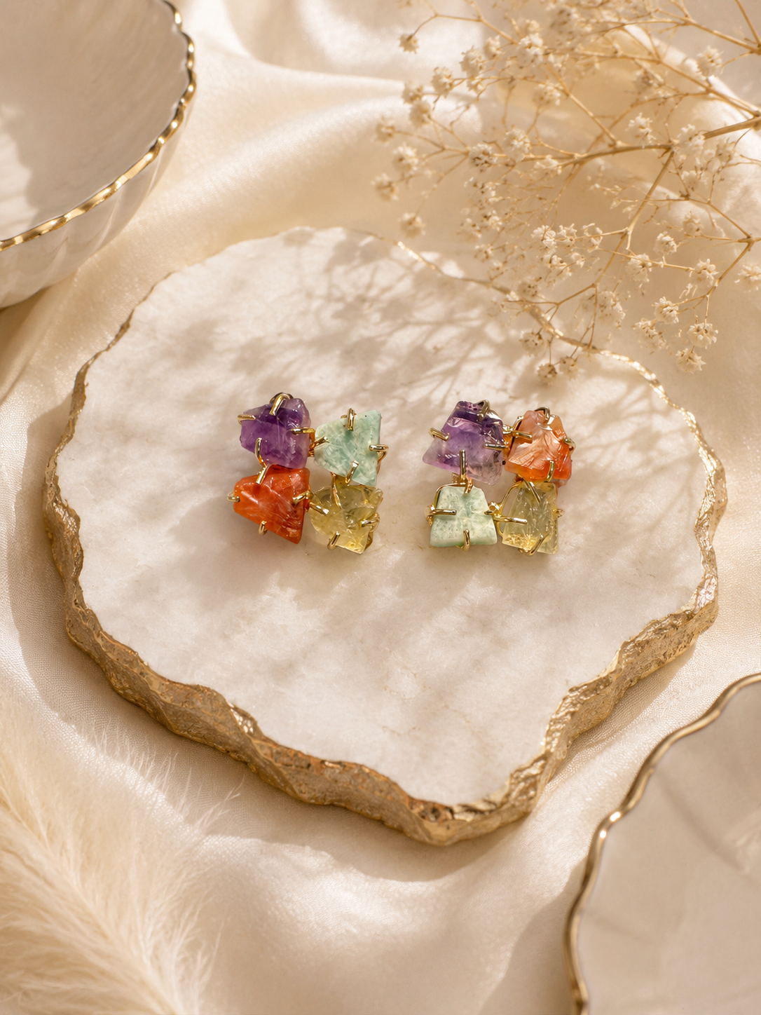 Multi-Gemstone Raw Cluster Earrings | Artisan Brass & Colorful Stone Jewelry