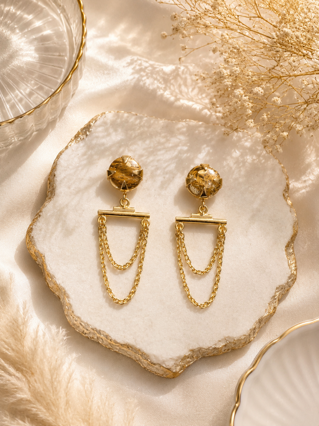 Stone & Double-Chain Drop Earrings | Artisan Brass Statement Jewelry | 18k Gold Plated