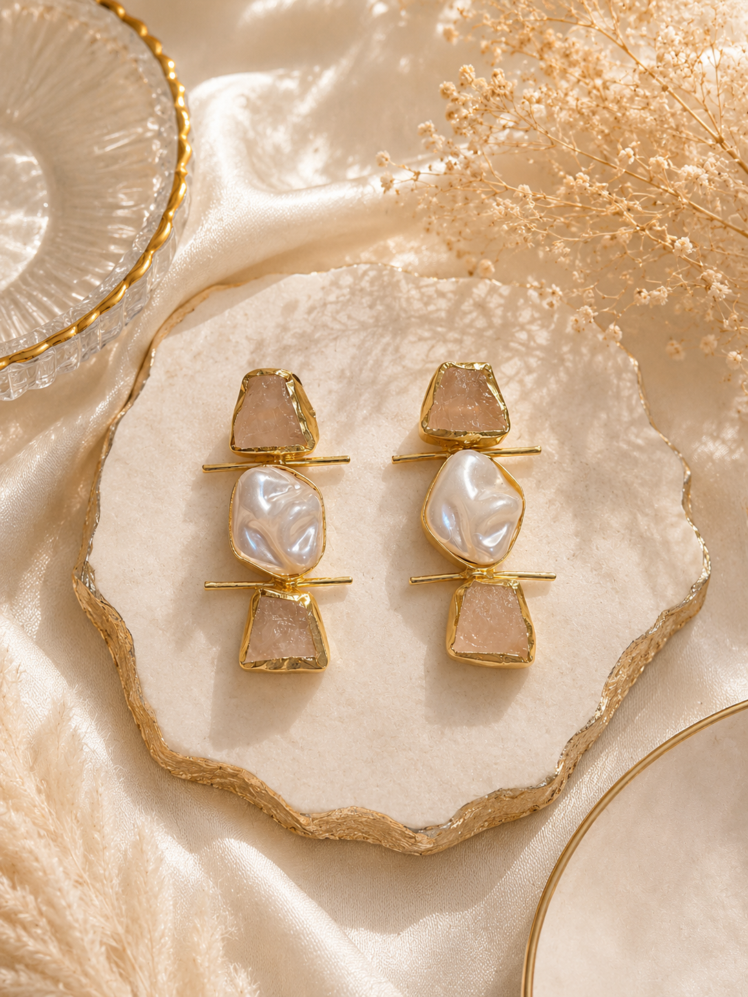 Artisan Raw Stone & Pearl Brass Drop Earrings | Statement Sculptural Jewelry | 18k Gold Plated