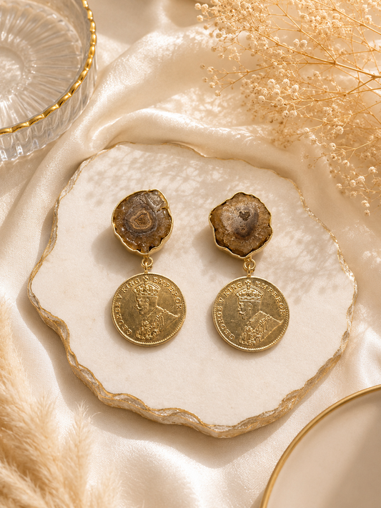 Vintage Coin & Agate Slice Statement Earrings | Artisan Brass Gold-Tone Coin Jewelry | 18k Gold Plated