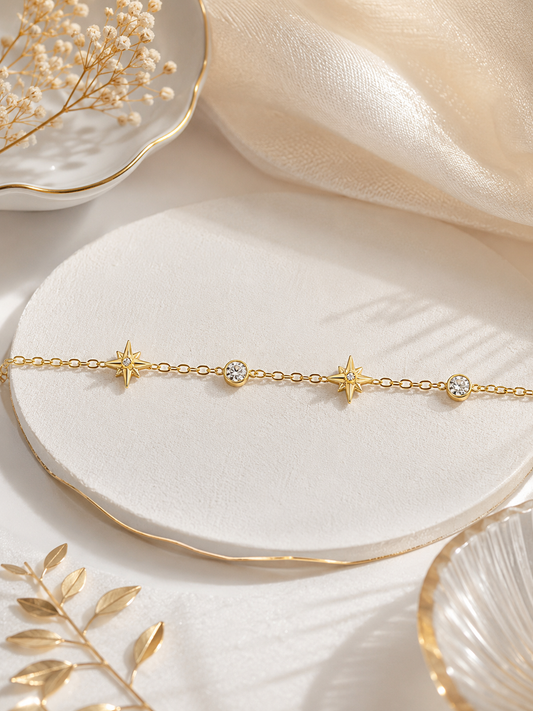Star & Solitaire Charm Bracelet | 18K Gold-Plated Delicate Jewelry