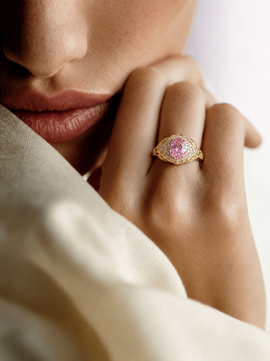 Oval Pink Gemstone Filigree Ring | Vintage-Inspired Elegance