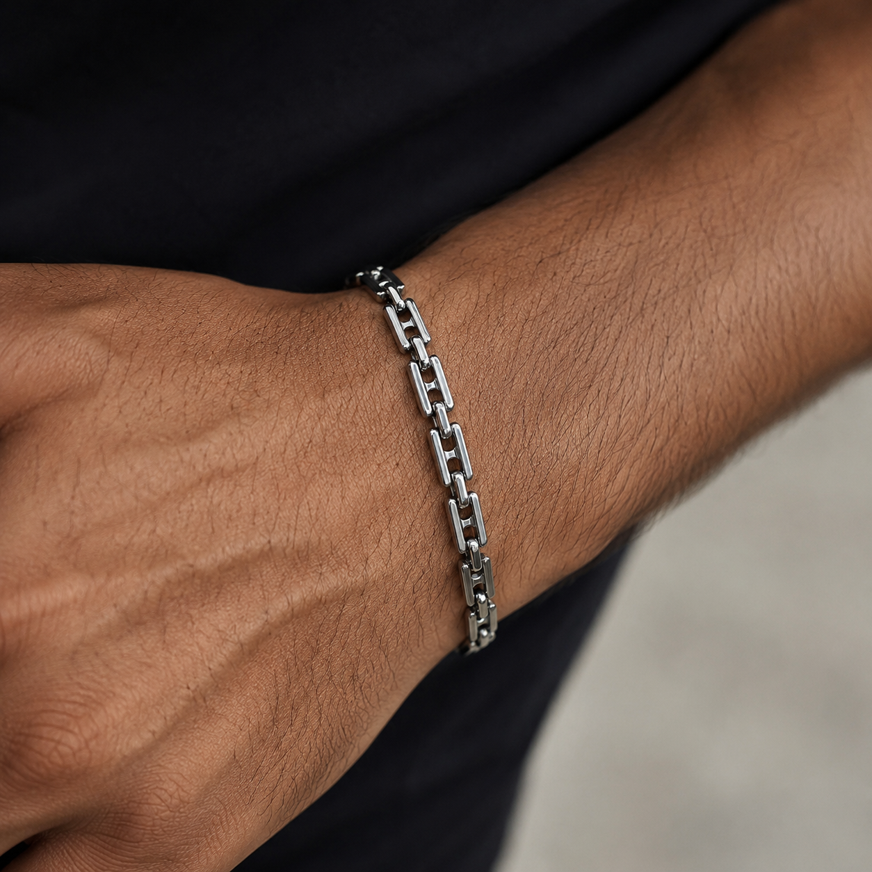 Men's Silver-Tone Architectural Link Bracelet | Modern Industrial Essential